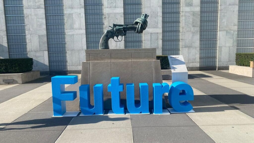 Summit of the Future Knotted Gun sculpture