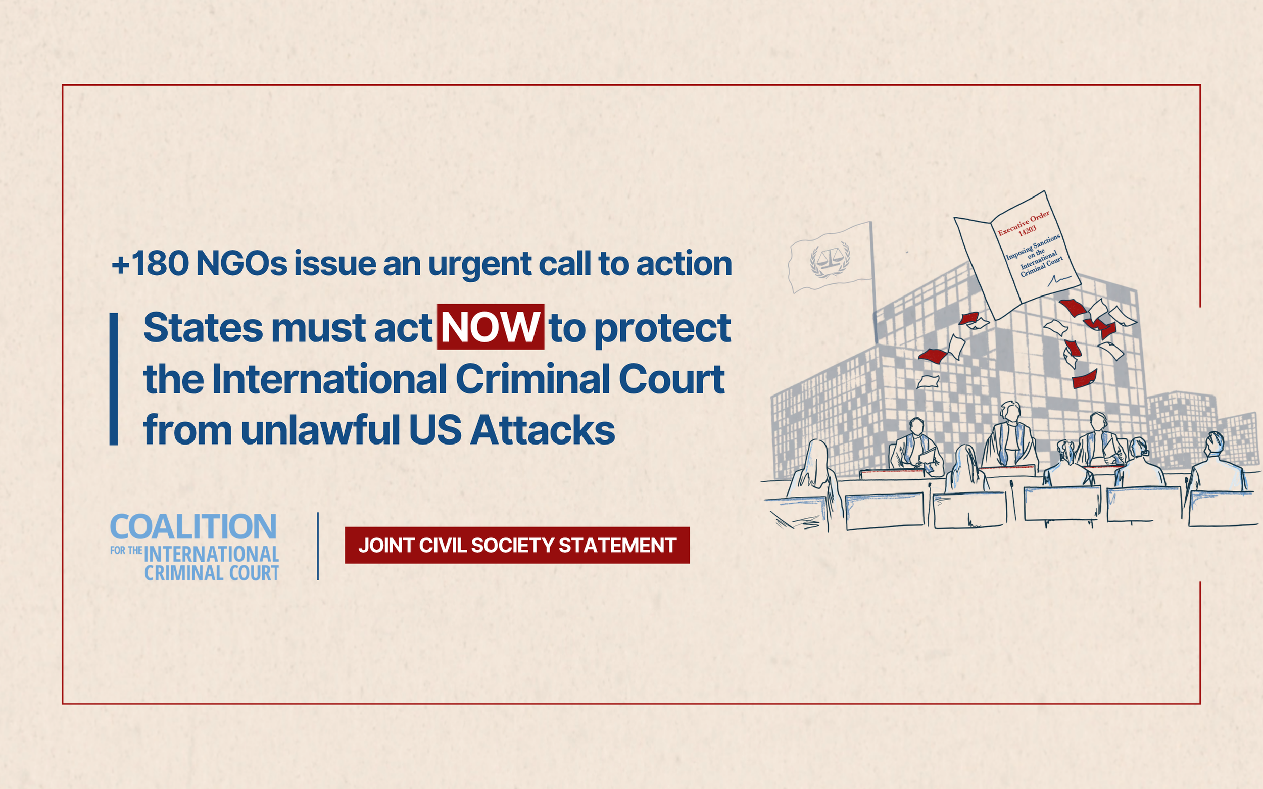 Coalition for the International Criminal Court joint statement banner: States must act now to protect the International Criminal Court
